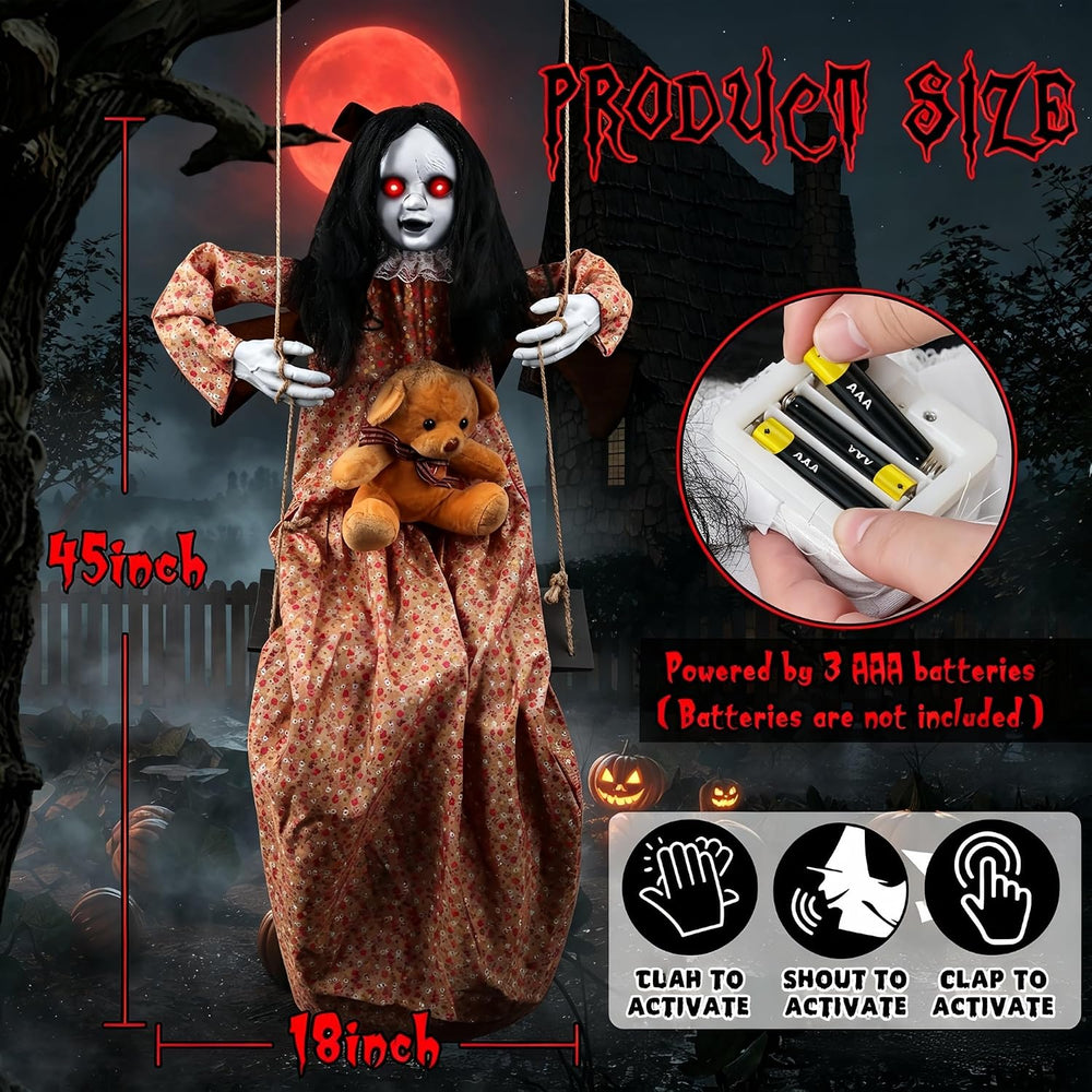 Scary Halloween Decorations Outdoor 45" Hanging Swinging Doll Creepy Girl