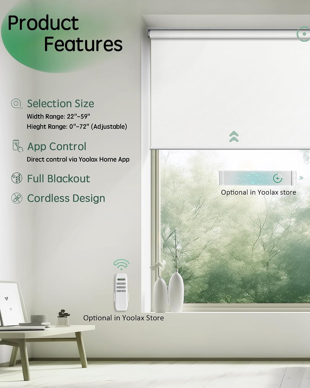 Yoolax Motorized Blinds App Control, Alpine White, 22" W x 72" H