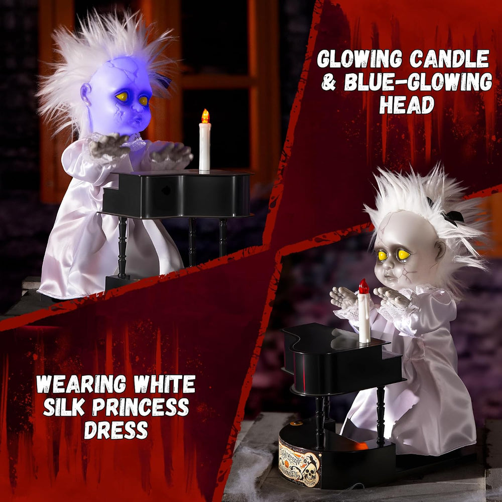 Halloween Animatronics Decorations, 13.7'' Creepy Doll with Piano, An...