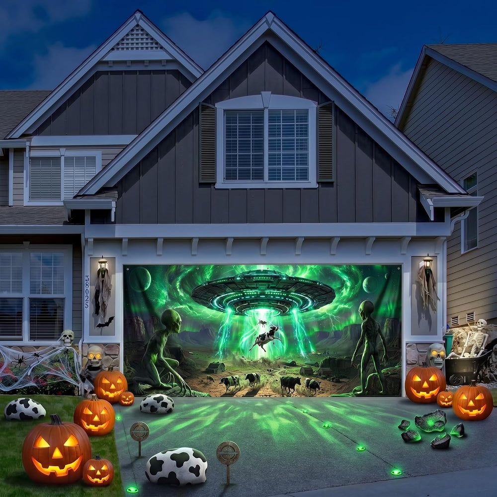 Preboun Alien Abduction Halloween Garage Door Decoration Ufo Cow, 7 x 16 ft