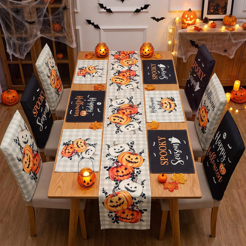 Newtay 13 Pcs Halloween Table Runner Placemats and Dining Chair Cover Set