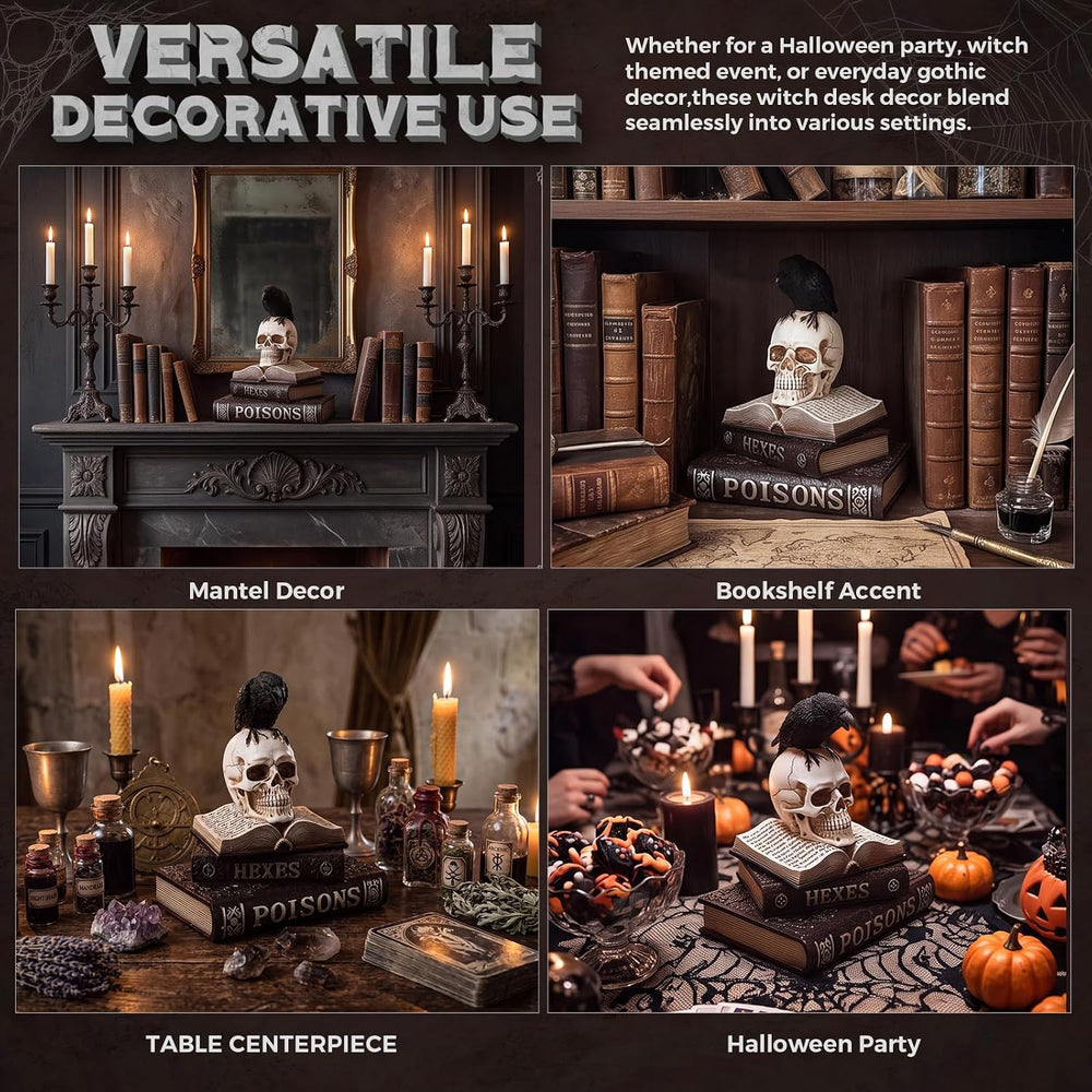 Canchiing Halloween Witch Spellbook Decor Skull Raven Mantel Tabletop Decor