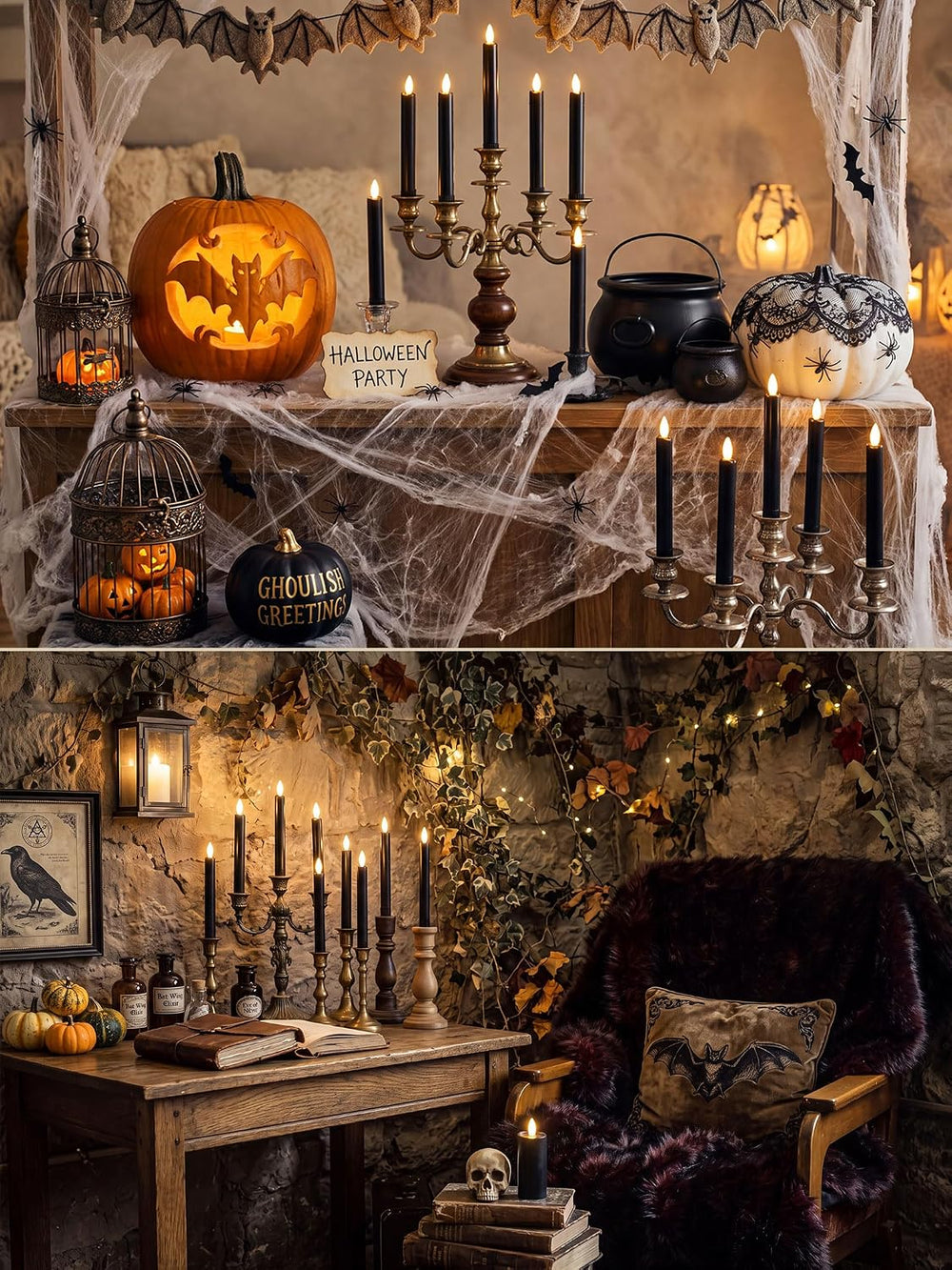 Funtery 24 Pcs Halloween Black Flameless Taper Candles with Remote Timer