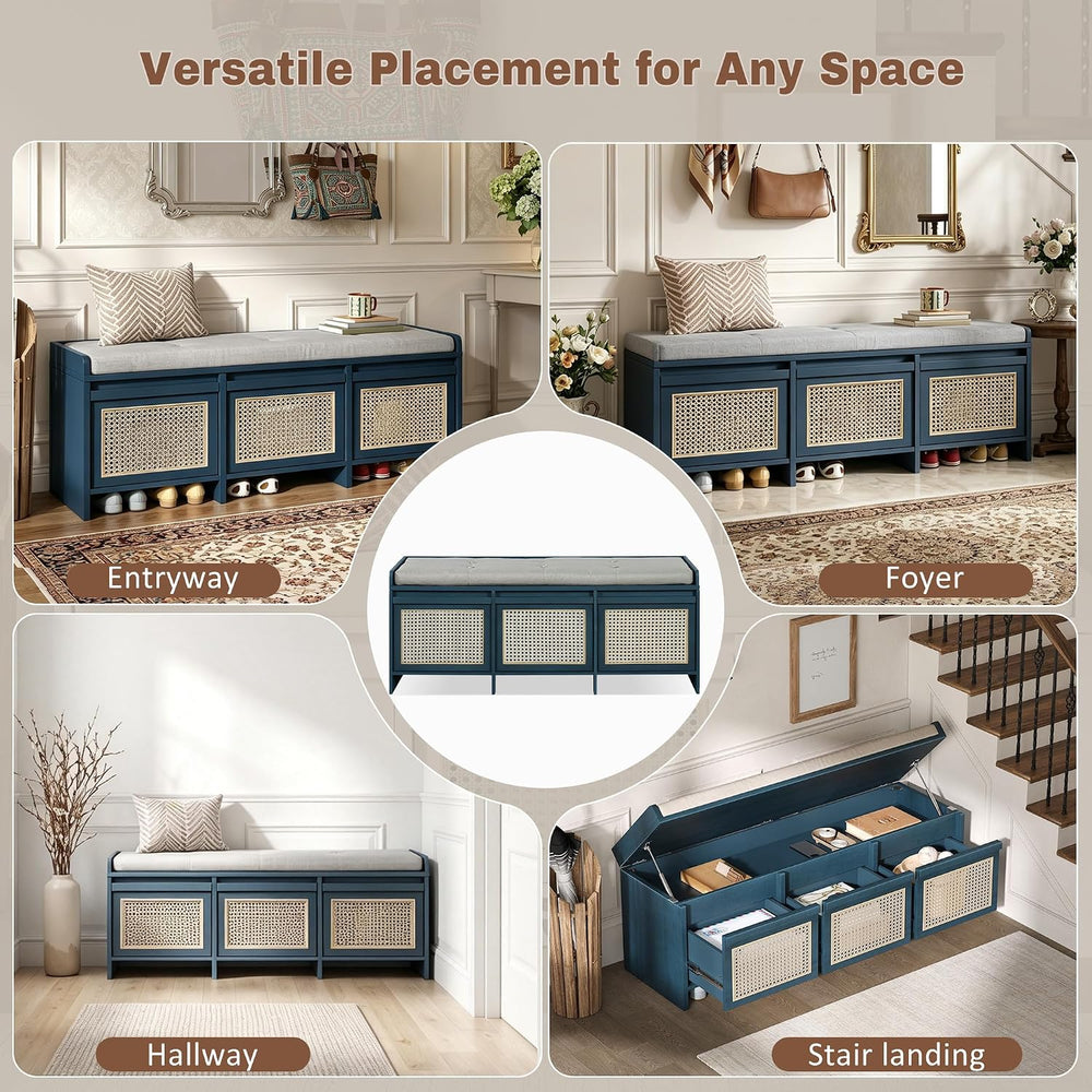 LUMISOL 48" Entryway Shoe Bench, Retro Storage Bench with Rattan Drawers...