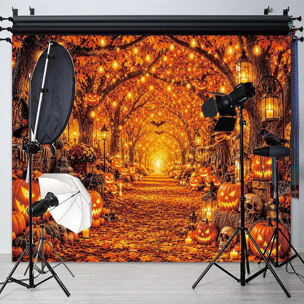Halloween Backdrop - Pumpkings Lantern Skull Bats Autumn Forest Photography B...
