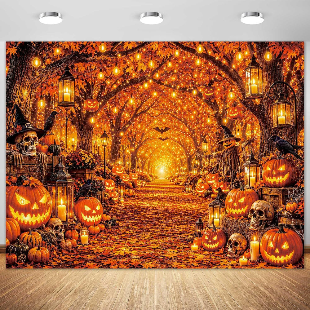 Halloween Backdrop - Pumpkings Lantern Skull Bats Autumn Forest Photography B...