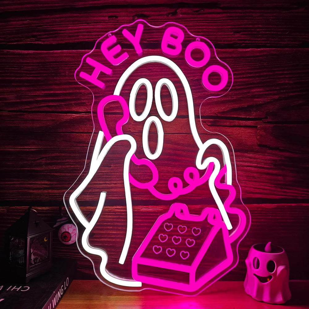 Hey Boo Halloween Neon Sign for Wall Decor Ghost Led Neon Sign Dimmable