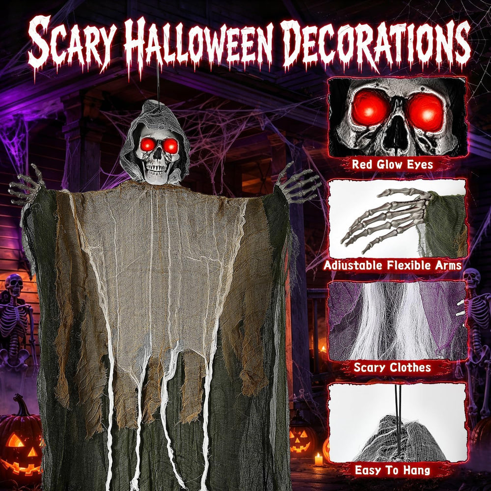 3PCS Scary Hanging Ghosts with Glowing Eyes, Light-Up Halloween Ghost Decorat...