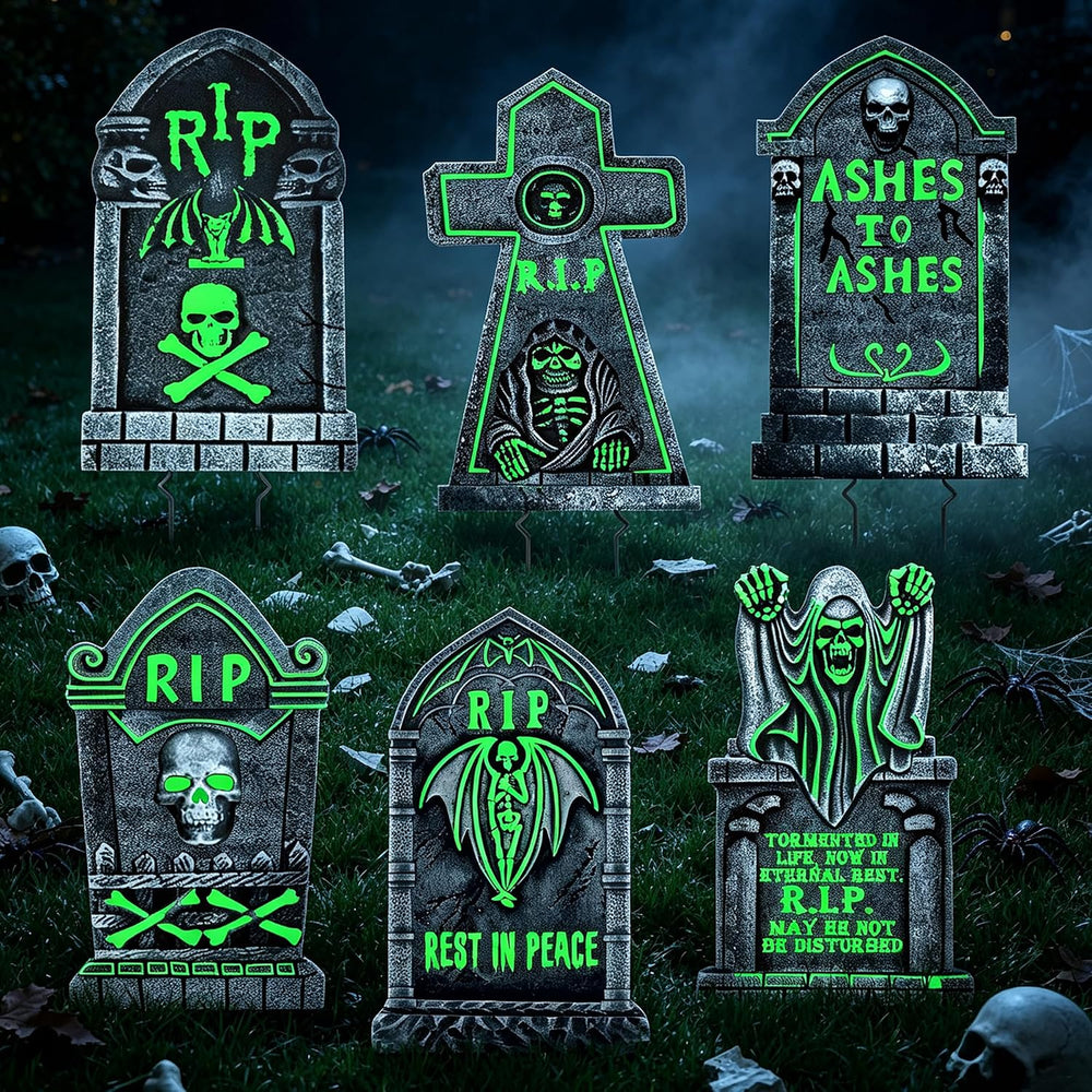 6pcs Solar Glow in the Dark Grave Halloween Decor Tombstone Yard Sign Stake