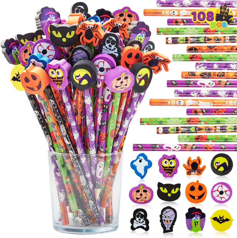 JOYIN 108PCS Halloween Pencils with Erasers Stationery Set, 108 Colorful Penc...