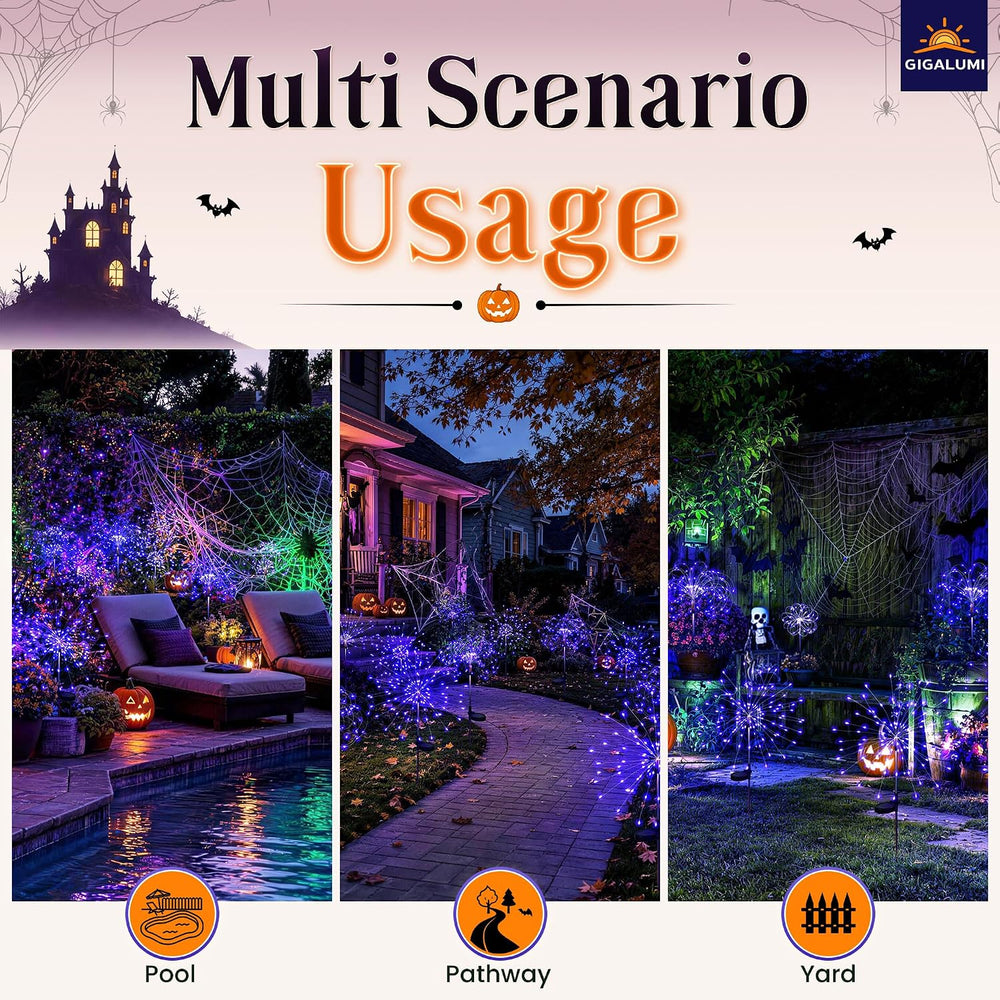 GIGALUMI 4 Pack Solar Firework Lights Outdoor, Halloween Decor, Purple