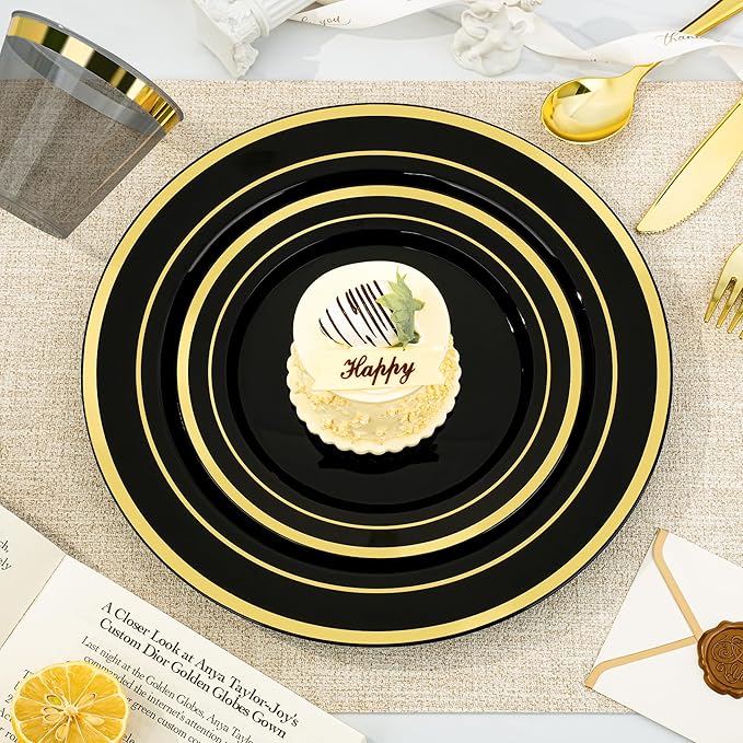 BESTVIP 350PCS Black Gold Dinnerware Set for 50 Guests, Plastic Plates for Ha...