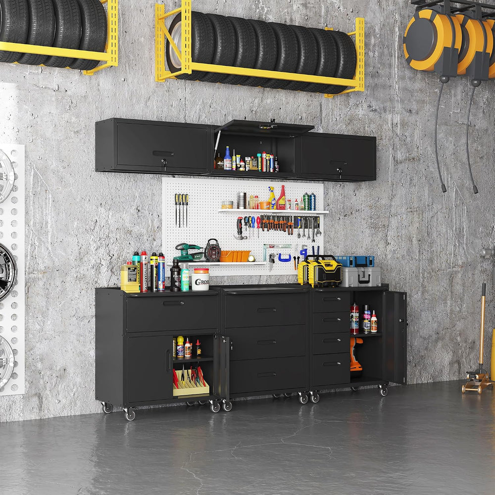 Black Garage Storage Cabinets System 6 PCS Workshop Set with Drawers Locking ...
