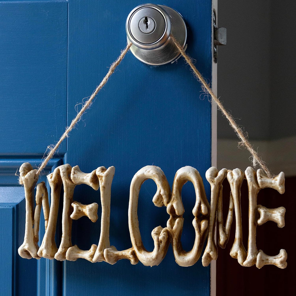 Halloween Welcome Sign & Skull Wreath 2 Pack Fall Skeleton Door Wall Decor