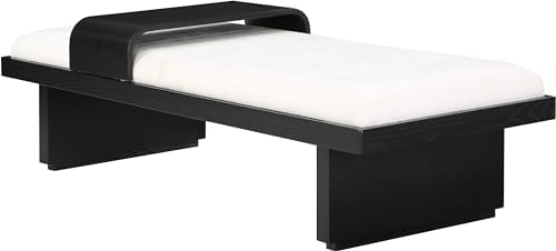 Meridian Furniture 22014Cream Arlington Collection Mid-Century Modern Bench with Soft Cream Chenille Fabric, Rich Black Finish, Solid Wood, Sliding Wooden Tray, 65" W x 26" D x 19.5" H, Cream