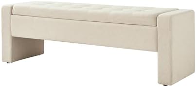 55" Modern Upholstered Storage Bench with Tufted Seat, Fabric Ottoman Bench for Bedroom, Entryway, or Living Room, Soft Close Hinge,Linen