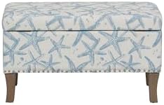 Linon Stephanie Cream and Light Blue Starfish Fully Upholstered Bench with Hidden Interior Storage