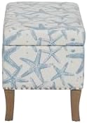 Linon Stephanie Cream and Light Blue Starfish Fully Upholstered Bench with Hidden Interior Storage