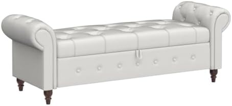 NIOIIKIT 63'' Storage Ottoman Bench, Tufted Entryway Bench White Polyester