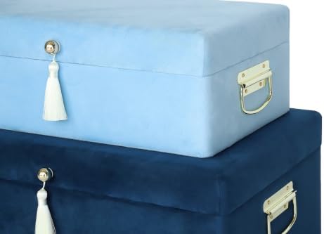 HofferRuffer Velvet Storage Trunks with Wood Frame, Set of 2 Storage Chests with Handles, Bedroom Organizer Nesting Upholstered Decorative Boxes Hinged Lid with Gold Hardware Accents (Blue Velvet)