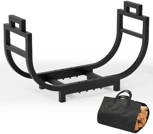 30 Inch Firewood Rack Outdoor Indoor with Handle and Log Carrier Bag, Stable Metal Wood Rack Heavy Duty Log Holder for Fireplace Patio Deck, Rustproof Firewood Storage Organizer Tool, Black