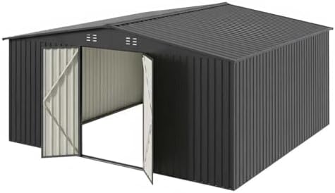 PABIMIA14X12 FT Outdoor Metal Storage Shed, Waterproof Storage Shed with Lockable Doors for Tools, Equipment, Ideal for Backyard Garden Patio Lawn