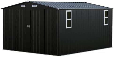 LAUSAINT HOME 10 x 12 FT Outdoor Storage Shed with Windows, Heavy Duty Galvanized Steel Storage Shed with Double Lockable Doors, Gable Roof & Air Vent for Backyard, Black
