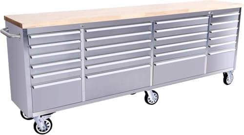 Rolling Tool Chest with Power Strip & Rubber Wood Top - 96 Inch Garage Workbench, Drawer Storage Cabinet Tool Box, Mobile Workstation