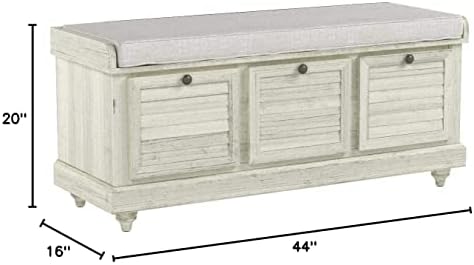 OSP Home Furnishings Dover Coastal Lift-Top Storage Bench with Shutter Face Styling, White Wash Finish with Off-White Fabric Cushion