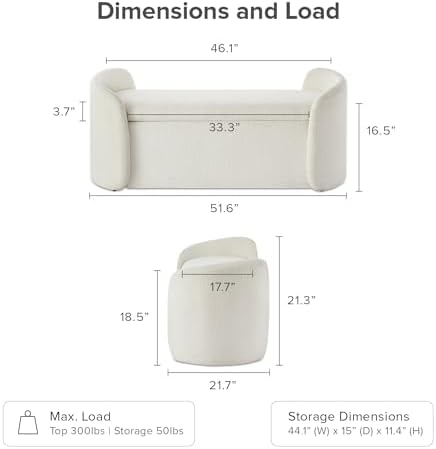 mopio Sophie 51" Ottoman Storage Bench, Entryway and Window Seating, End of Bed Curved Stool for King & Queen Bed, Storage Chest for Bedroom (Pearl White Boucle)