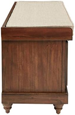 OSP Home Furnishings Dover Coastal Lift-Top Storage Bench with Shutter Face Styling, Distressed Brown Finish with Beige Linen Fabric Cushion