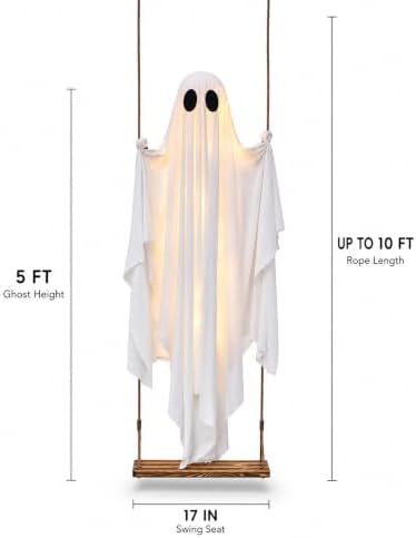 Halloween Decorations Outdoor - 5 FT Large Hanging Swing Ghost Halloween Decor with String Lights, Spooky Cute Ghosts Decorations for Front Porch Yard Tree