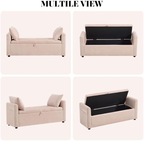 51" End of Bed Storage Bench, Upholstered Chenille Storage Ottoman for Bedroom, Living Room, Entryway, with Arms and 2 Pillows(Pink)