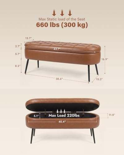 Storage Ottoman Bench, 43.7"PU Leather End of Bed Bench Walnut Brown