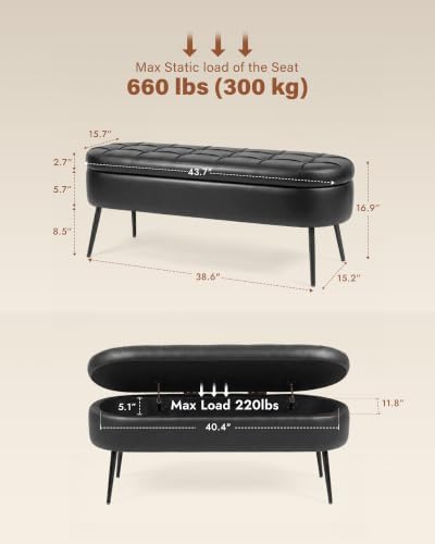 Storage Ottoman Bench, 43.7" PU Leather End of Bed Bench Black