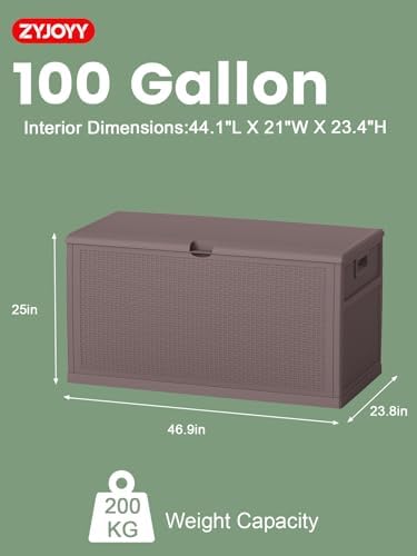 ZYJOYY 100 Gallon Waterproof Large Resin Deck Box, Indoor Outdoor Storage Box Lockabe, Outdoor Organization & Storage Deck Box with Lid for Patio Cushions, Garden Tools, UV Resistant