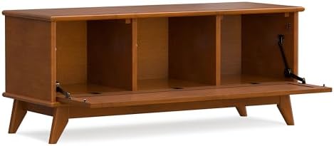 SIMPLIHOME Draper 44" Wide Solid Wood Trunk Bench in Teak Brown