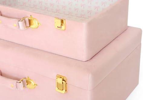 HofferRuffer Velvet Storage Trunks with Wood Frame, Set of 2 Storage Chests with Handles, Bedroom Organizer Nesting Upholstered Decorative Boxes Hinged Lid with Gold Hardware Accents (Pink Trunks)