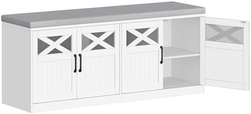 Hzuaneri 47.2" Shoe Storage Bench with 4 Barn Doors & Padded Seat Cushion