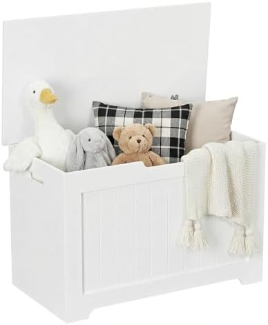 SUPER DEAL Storage Chest, 30 inches Chest Box Organizer with 2 Safety Hinges, Wooden Entryway Storage Bench, White