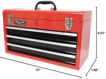 Homak Metal Tool Box, 20-inch, Portable Tool Box with 3 Drawers, Small Tool Chest with EVA Liners, Ball Bearing Slide Drawers Locking & Gloss Finish, Multi-Function Tool Organizer