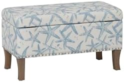 Linon Stephanie Cream and Light Blue Starfish Fully Upholstered Bench with Hidden Interior Storage