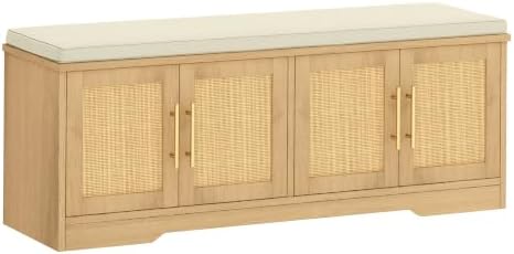 Rattan Shoe Storage Bench, 47.2" Wide Entryway Bench, Natural Oak