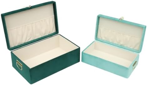 HofferRuffer Velvet Storage Trunks with Wood Frame, Set of 2 Storage Chests with Handles, Bedroom Organizer Nesting Upholstered Decorative Boxes Hinged Lid with Gold Hardware Accents (Green Velvet)