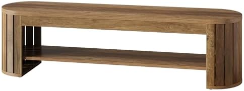 Tribesigns 63" Wooden Entryway Bench with Shoe Storage, Long 2-Tier Narrow Shoe Bench with Arc Vertical Slat Splicing Legs, End of Bed Stool for Bedroom, Entrance, Living Room (Brown)