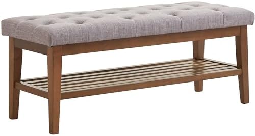 HUIMO Upholstered Entryway Shoe Bench, Button Tufted End of Bed Bench, Grey