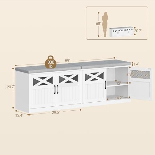 Hzuaneri 59" Shoe Storage Bench with 4 Barn Doors & Padded Seat Cushion