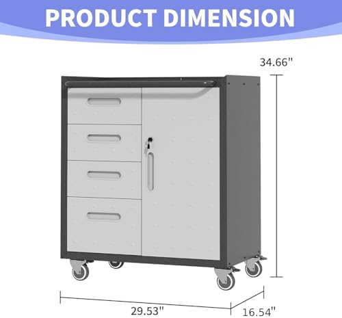 Metal Garage Storage Cabinet on Wheels, Lockable Rolling Tool Cabinet