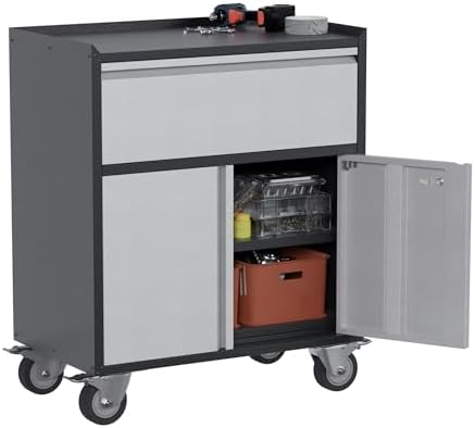 Metal Garage Tool Storage Cabinet with 1 Drawer, Large Space Industrial Metal Storage Cabinet with Wheels and Doors,Locking Small Utility Chest for Home, Office and Garage