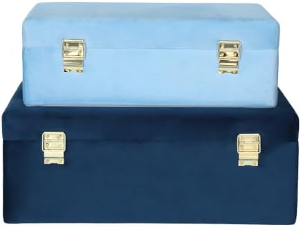 HofferRuffer Velvet Storage Trunks with Wood Frame, Set of 2 Storage Chests with Handles, Bedroom Organizer Nesting Upholstered Decorative Boxes Hinged Lid with Gold Hardware Accents (Blue Velvet)